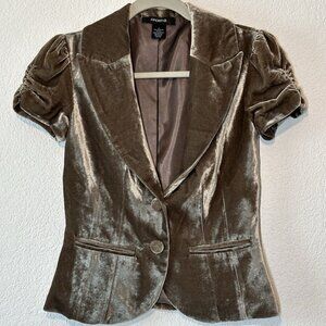 Vintage Velvet Brown Ruched Sleeve Collared Button-Down Top S